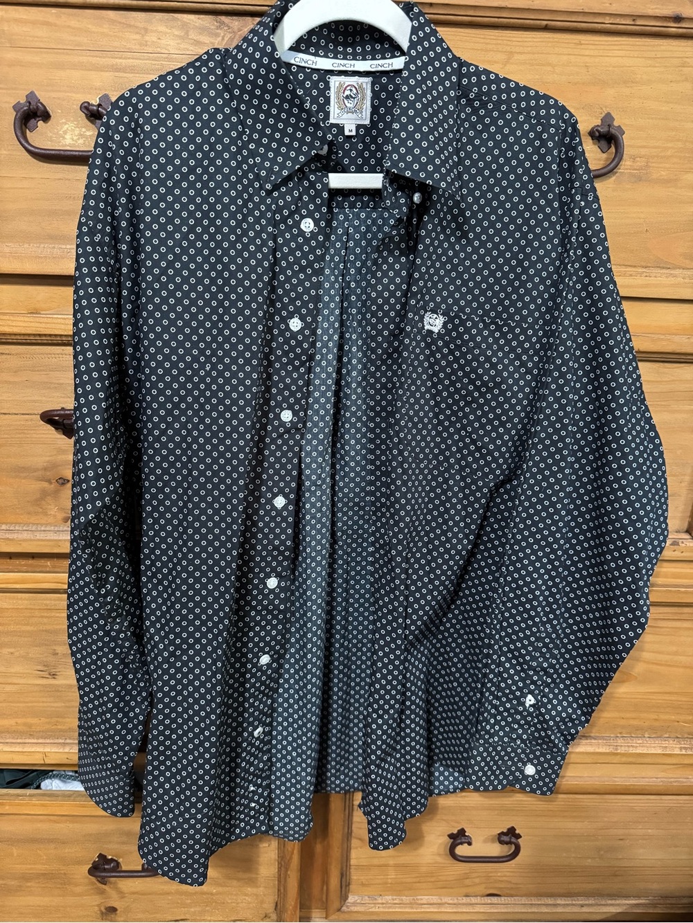 Cinch Men's Black Button-Down Shirt with White Circle Geo Print